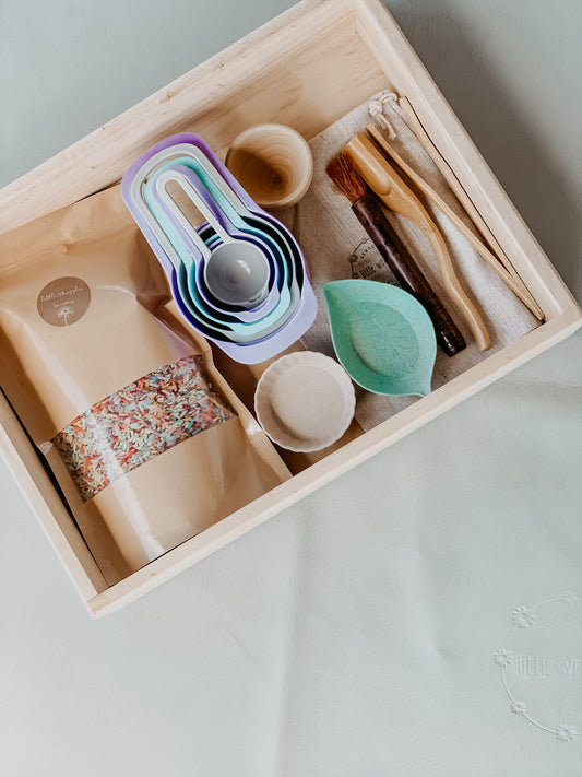 Toddler Safe: Sensory play starter kits- Play tray, rainbow rice, tools & optional play mat